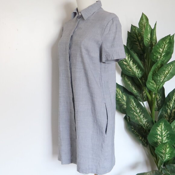 Theory Linen Gray Blue Button Down Short Sleeve Mini Shirt Dress Spring Summer S - Picture 5 of 13